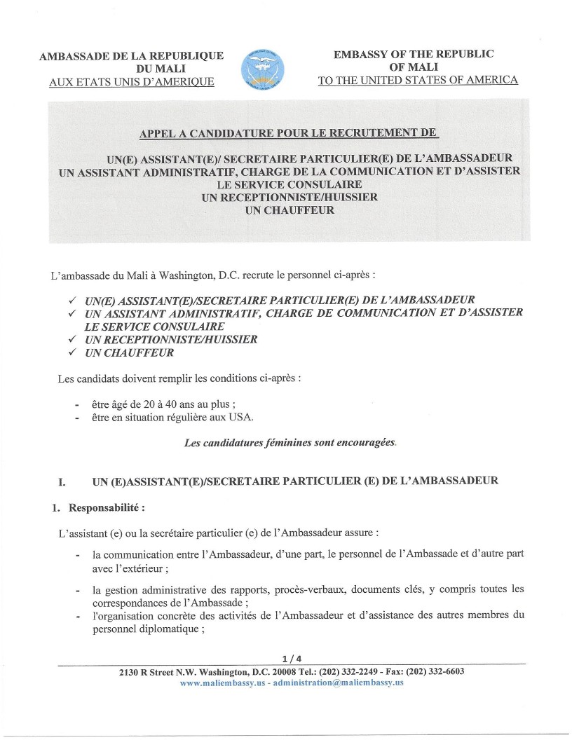 Appel à candidature pour recrutement Embassy of The Republic of Mali