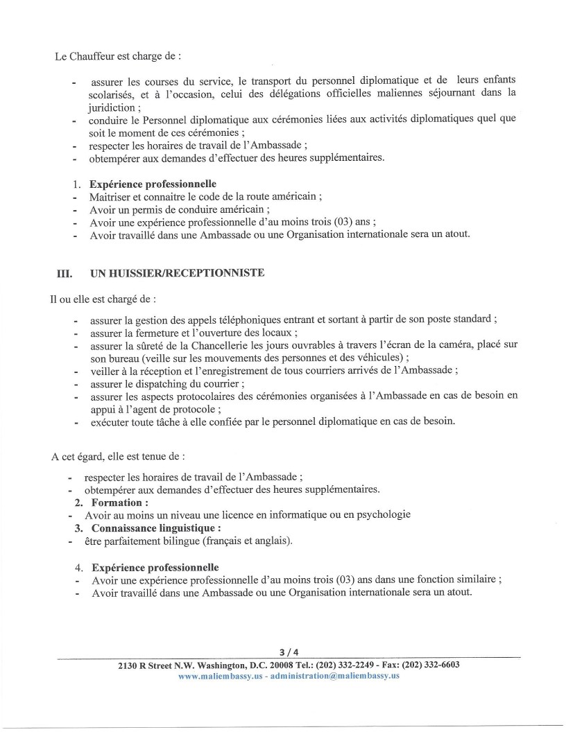 Appel Candidature Pour Recrutement Embassy Of The Republic Of Mali